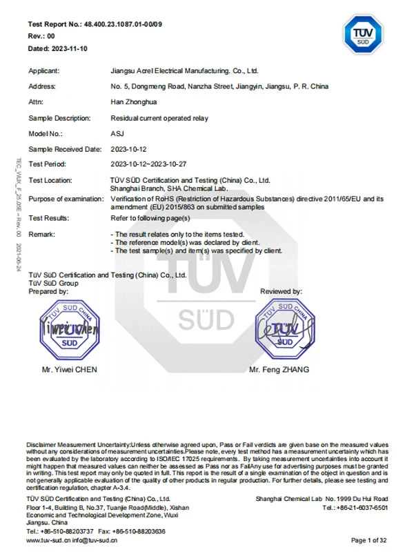 asj residual current operated relay rohs10 report